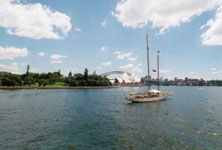 Susan's Story, a sailboat in Sydney Harbor with the opera house and a bridge in the background