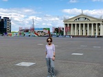 Photo from Susan's Story, Europe 2018, Susan in front of one of the opera houses in Minsk, Belarus 