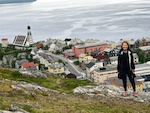 Photo from Susan's Story, Europe 2018, Susan at the top of the mountain above Hammerfest on a cloudy cold July morning looking for reindeer