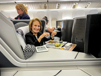 Photo from Susan's Story, Susan settled into business class flying from London to Charlotte ending our 2.5 month adventure across the Atlantic to the Mediterranian, Balkans, and Caucuses. She looks ready to travel again!!!
